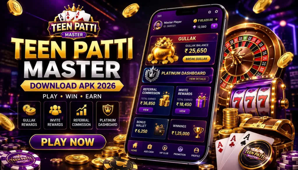 Teen Patti Master Download APK 2026 banner showing gaming dashboard, Gullak rewards, referral commission, roulette wheel, slot machine, and casino-style visuals.