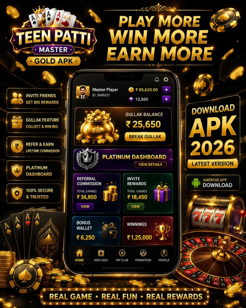 Teen Patti Master Gold APK 2026 poster showing Platinum Dashboard, Gullak balance, referral commission, roulette wheel, poker cards, and casino gaming visuals.