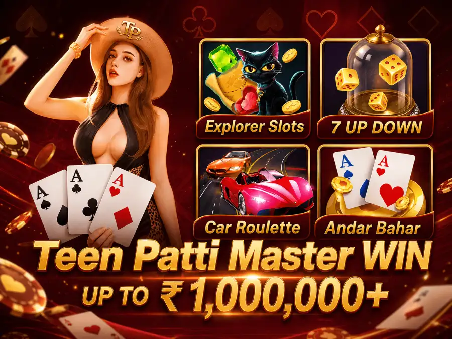 Teen Patti Master WIN promotional banner showing a casino style Indian card game with playing cards, roulette, slots, and jackpot rewards.