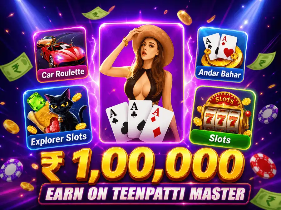 Teen Patti Master promotional banner featuring slots, car roulette, andar bahar card game, and reward-themed gaming visuals.