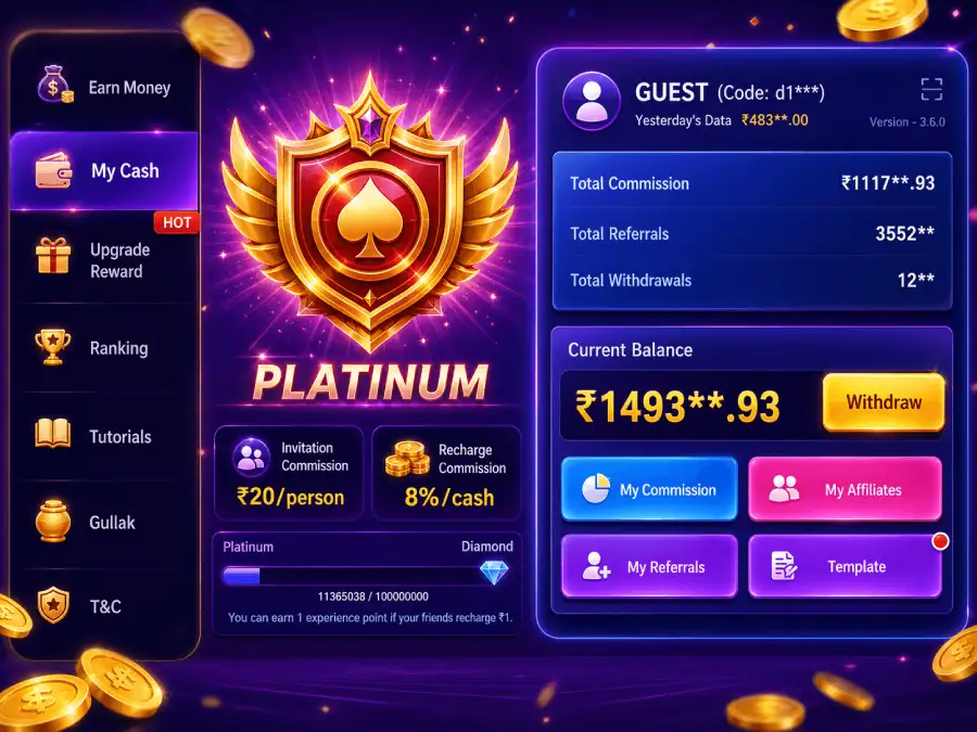 Teen Patti Master Platinum dashboard showing commission rewards, referral earnings, balance withdrawal, and affiliate features.